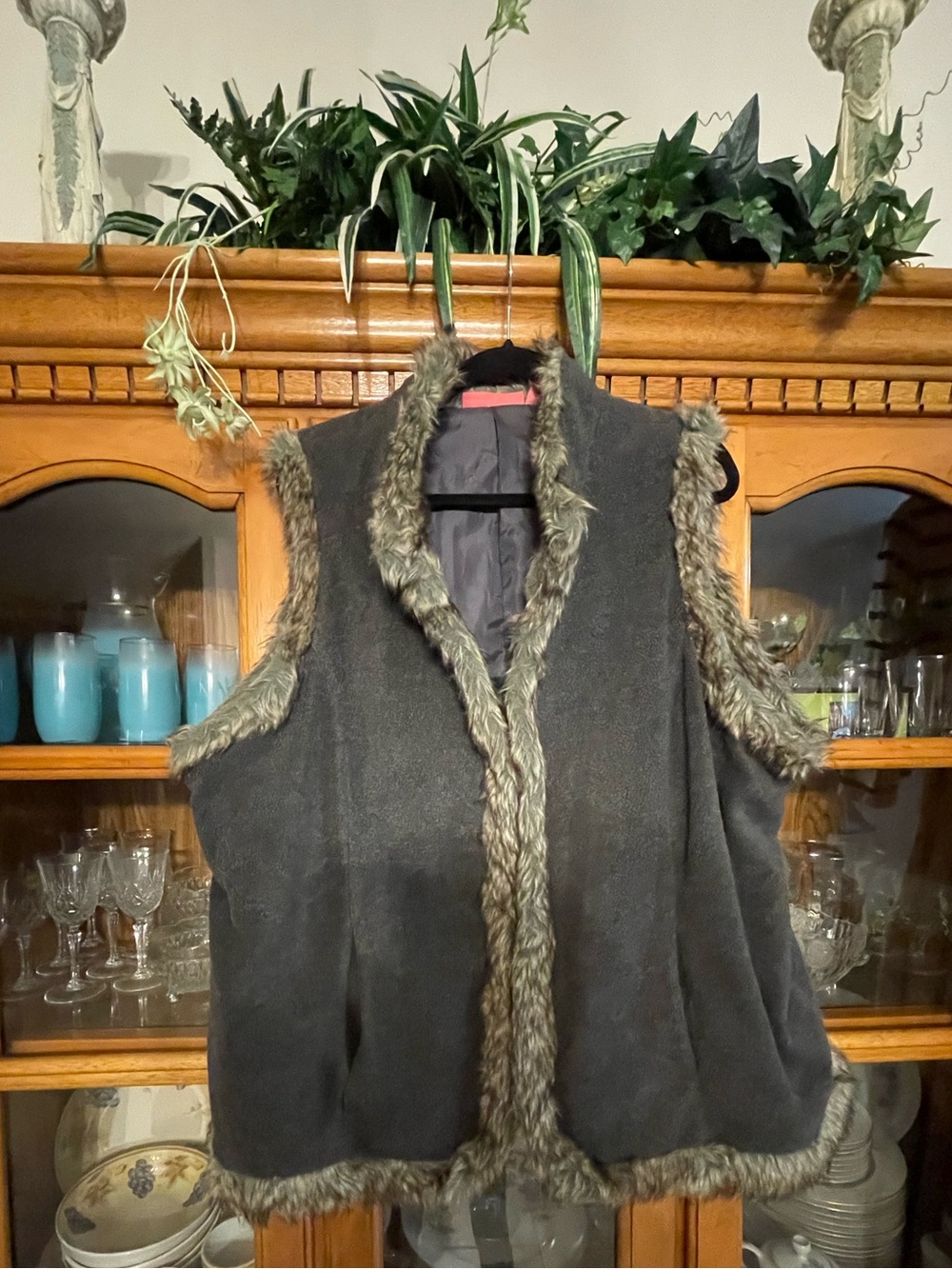 Woman Within Faux Fur-Trimmed Charcoal Vest Women Plus SZ 1XL